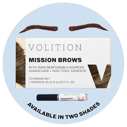 Volition Beauty Mission Brows, Dark Brown - Eyebrow Wigs Made of Responsibly-Sourced Human Hair - Long-Lasting, Realistic False Eyebrow Alternative with Easy Application