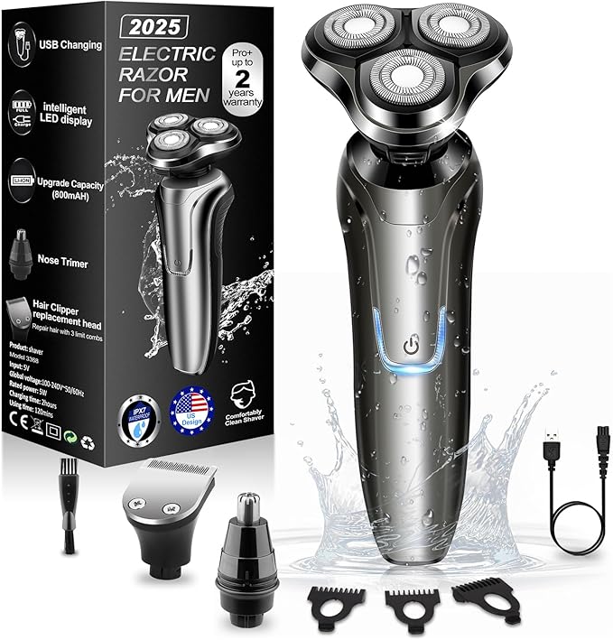 Electric Razor for Men, Men's Electric Shavers Rotary Replacement Waterproof Rechargeable,Electric Shaver for Men Cordless Floating Head Replaceable Blades,Portable Travel Razor Ideal Men Gift