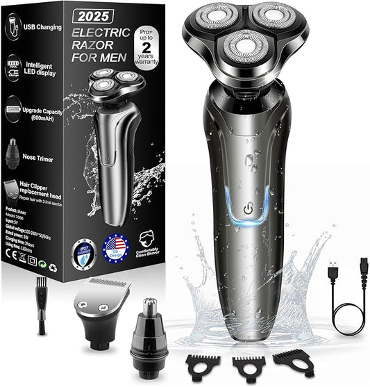 Electric Razor for Men, Men's Electric Shavers Rotary Replacement Waterproof Rechargeable,Electric Shaver for Men Cordless Floating Head Replaceable Blades,Portable Travel Razor Ideal Men Gift