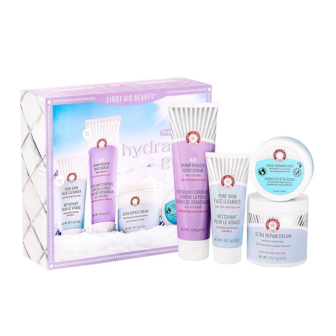 First Aid Beauty - Hydrated Glow Kit: KP Bump Eraser Body Scrub, 4 oz, Facial Radiance Pads, 28 Pads, Pure Skin Face Cleanser, 2 oz, & Ultra Repair Cream, 6oz, Hydration and Exfoliation Treatment, 4ct