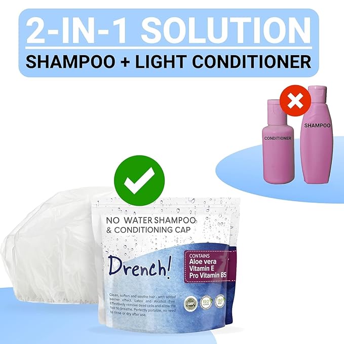 Drench No Water Rinse Free Shampoo Caps 6 packs - Waterless Shampoo and Conditioner - Dry Hair Wash Caps for Bedridden - Contains Aloe Vera, Vitamin E and Provitamin B5 - Dementia products for elderly