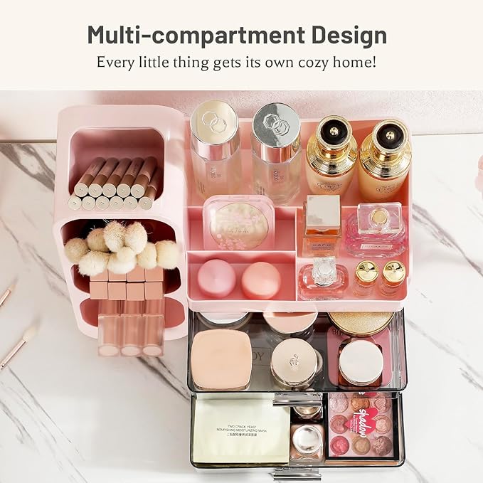 Aveniee Makeup Organizer with Drawers, Vanity Organizer for Bathroom Countertop, Large Cosmetics Skincare Display Case Desk Storage for Perfume Jewelry Lipsticks (Pink)