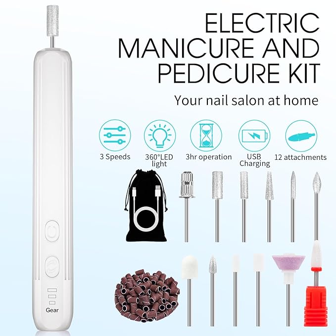 Electric Nail Drill, Professional Manicure Pedicure Kit, Cordless Electric Nail File Set, Rechargeable Pedicure Tools for feet, 3 Speeds Hand Foot Care Nail Drill for Thick Nail Toenail Cuticle-White