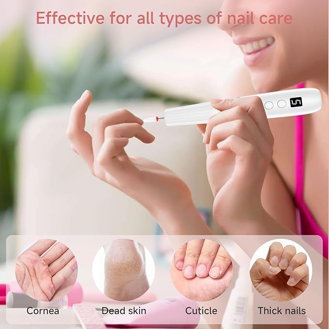 Professional Electric Nail Filer Drill Kit：Rechargeable Electric Nail Drill Set，Cordless Nail File Electric Sander for Acrylic Nail Files and Buffers with Nail Drill Bits Sanding Bands (White)