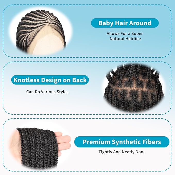 13X8 HD Lace Front Braided Wigs Cornrow Braided Wigs for Women Box Braid Wig with Baby Hair Side Parted Human Hair Blended Braided Lace Front Wigs Black 36 Inch