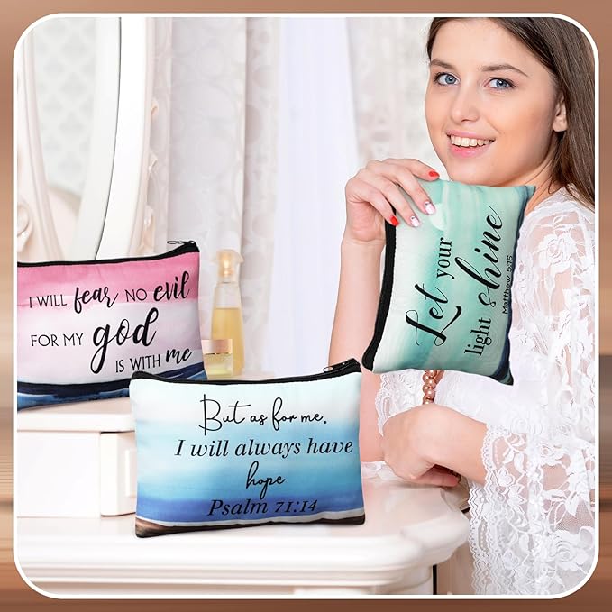 Pinkunn 16 Pcs Canvas Cosmetic Bag Bulk Inspirational Quotes Makeup Bags with Zipper Encouragement Travel Toiletry Pouch Appreciation Gift for Christmas Teacher Birthday Graduation(Bible Landscape)
