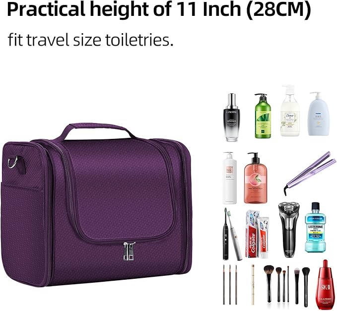 Buruis Extra Large Capacity Toiletry Bag for Women and Men, Hanging Toiletry Organizer Cosmetics Makeup Bag, Water-resistant Dopp Kit for Full Sized Toiletries, Travel Essentials (Purple)