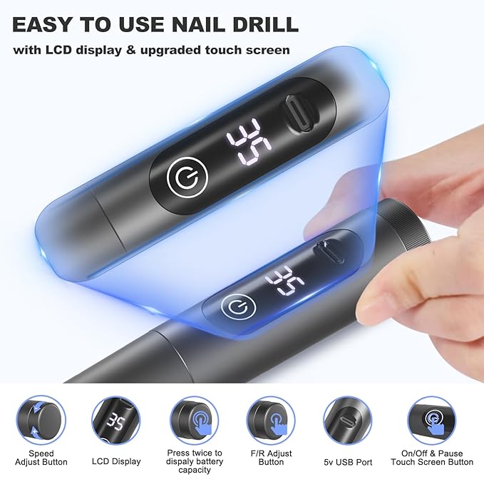 Professional Nail Drill Cordless, 35000RPM Touchscreen Portable Efile Nail Drill Kit with LCD Display for Manicure Pedicure Polishing, Foot Nail Grinder Electric Nail File Set for Home, Salon, Travel