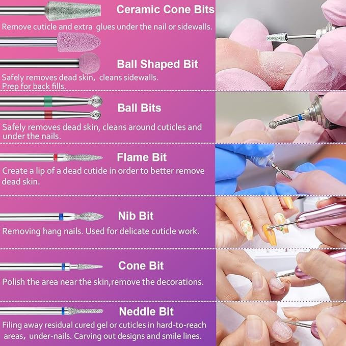 30Pcs Nail Drill Bits Set with Cute Nail Drill Bits Holder Case Nail Drill Bits for Acrylic Nails Professional Ceramic Drill Bit Diamond Carbide Cuticle Remover Efile Bits 3/32 Inch