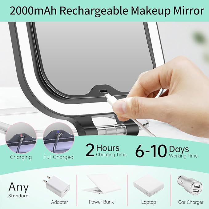 FASCINATE 10X Magnification Rechargeable Travel Makeup Mirror, Lighted Portable Vanity Mirror with 3 Colors Lighting & Stepless Dimming, Double Sided LED Mirror, Gift for Women (Black)