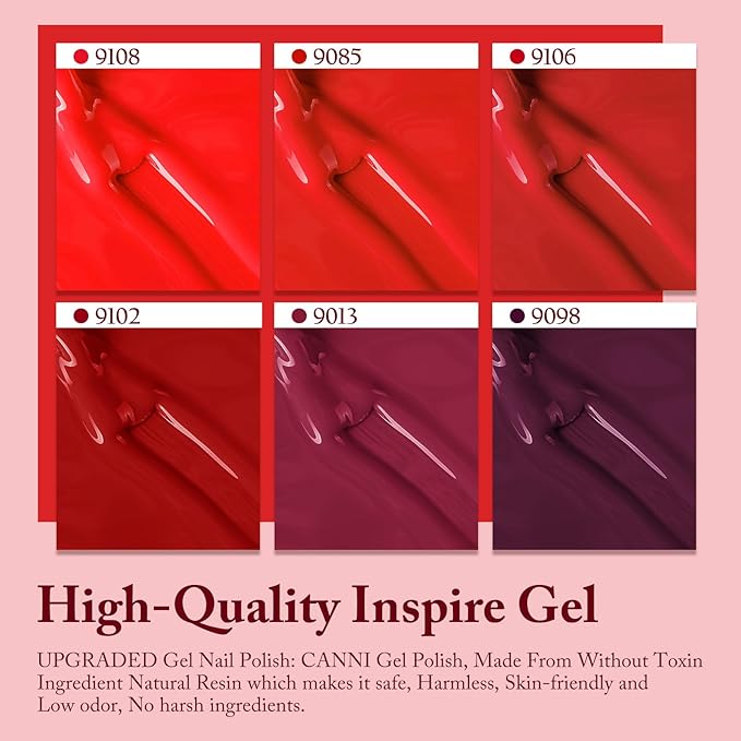 CANNI Red Gel Nail Polish Set - 6 Colors 9ML Red Collection Popular Dark Red Burgundy Gel Polish Kit Nail Art Design Soak off UV LED Nail Gel DIY Manicure All Seasons Nail Salon