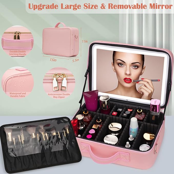 Plus Size Travel Makeup Bag with Large Lighted Mirror, Makeup Cosmetic Train Case with Detachable Mirror and Light Waterproof Artist Organizer with Adjustable Dividers Gift for Women (Pink)