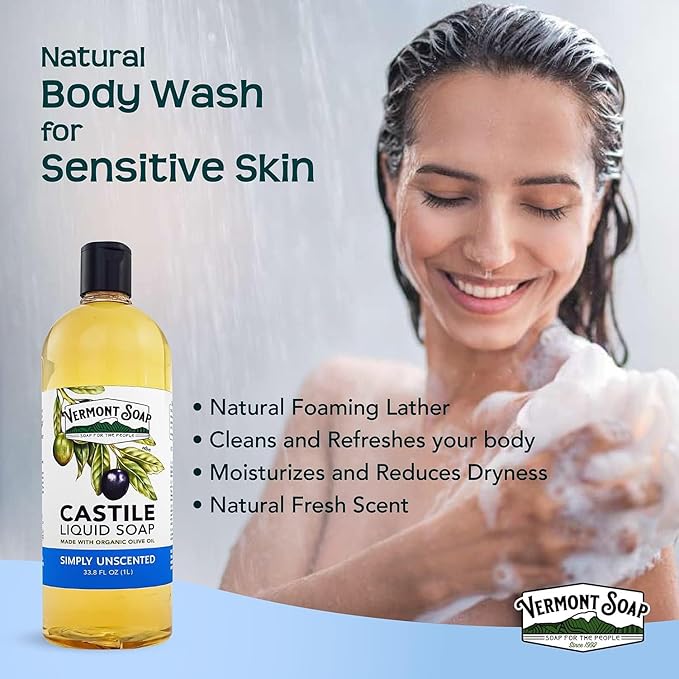 Vermont Castile Unscented Gentle Liquid Soap for Sensitive Skin, Natural Body Wash, Organic Hair Shampoo for Oily Hair, Aloe for Men & Women - 33.8 Oz