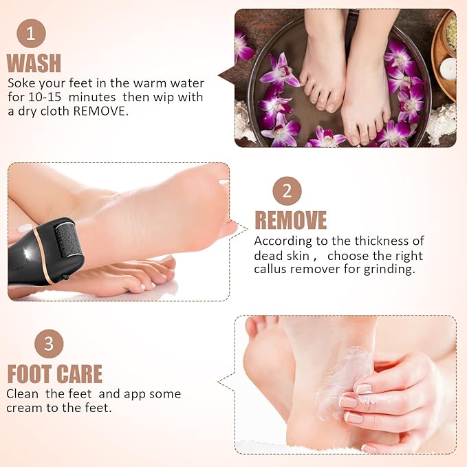 AdamPark Electric Foot File Callus Remover for Feet, Rechargeable Pedicure Kit Foot Care with 3 Speed, Callus Remover Kit with 3 Roller Heads, Battery LCD Display for Remove Cracked Heels Calluses