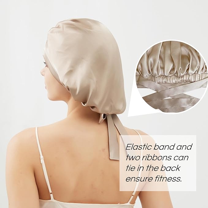 RachelSilk 100% Mulberry Silk Sleep Cap, Grade 6A 19 Momme Silk for Women Hair Care, Silk Night Bonnet with Elastic Stay On Head, Silk Cap After Shower, for Small -Medium Head Size (Taupe)