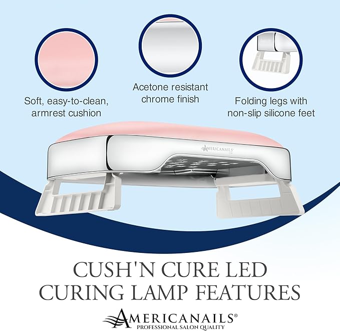 Americanails Cush'n Cure LED Nail Curing Lamp with Armrest, USB Type-C Power Input, Acetone-Resistant Finish, and Soft, Easy-to-Clean Armrest Cushion