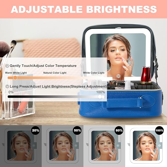 Mocado Travel Makeup Bag with LED Lighted Mirror,Travel Makeup Organizer,Makeup Case with 3 Color Lighted Setting and 10x Magnifying Mirror,Portable Storage and Adjustable Dividers Makeup Box(Blue)