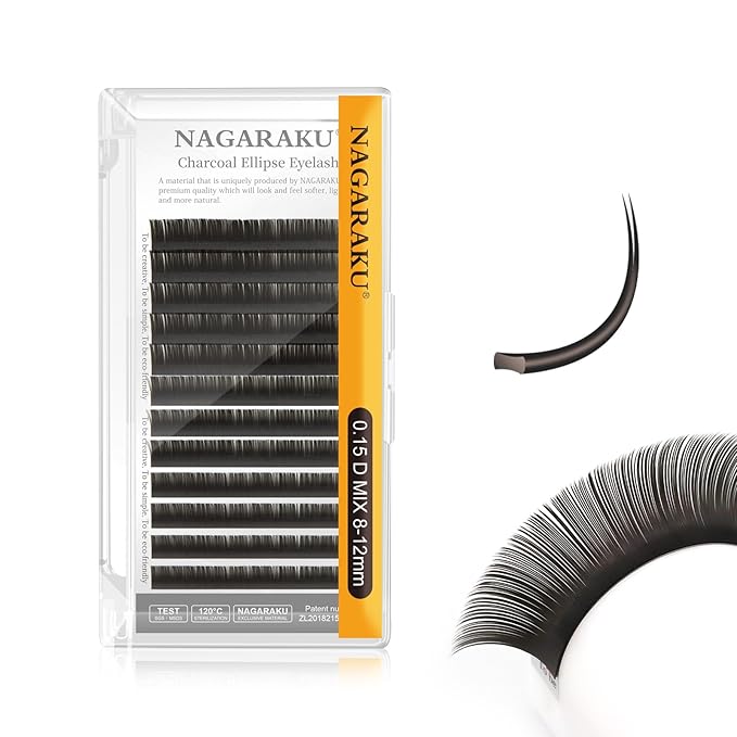 NAGARAKU Double Tips Flat Ellipse Eyelash Extensions Supplies 0.15 D curl 8-12mm Mix Natural Charcoal Color Faux Mink Super Soft Split Tips Individual Lashes