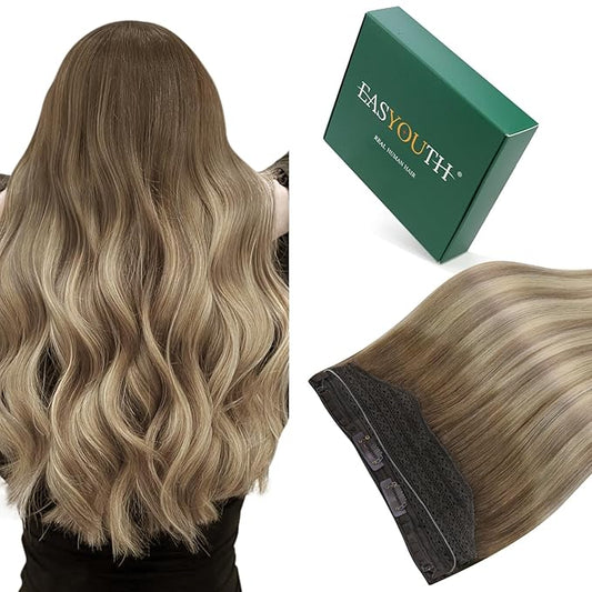 Easyouth Wire Human Hair Extensions Balayage Invisible Wire Extensions Real Human Hair Dark Brown Ombre Light Brown with Blonde Real Hair Wire Extension with Clips for Thinning Hair 18Inch 80G