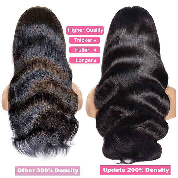 13x6 Body Wave HD Lace Front Wigs Human Hair Bleached Knots 200 Density Frontal Wigs Human Hair with Baby Hair Glueless Wigs Human Hair for Women Pre Plucked Natural Hairline Black Color 22 Inch