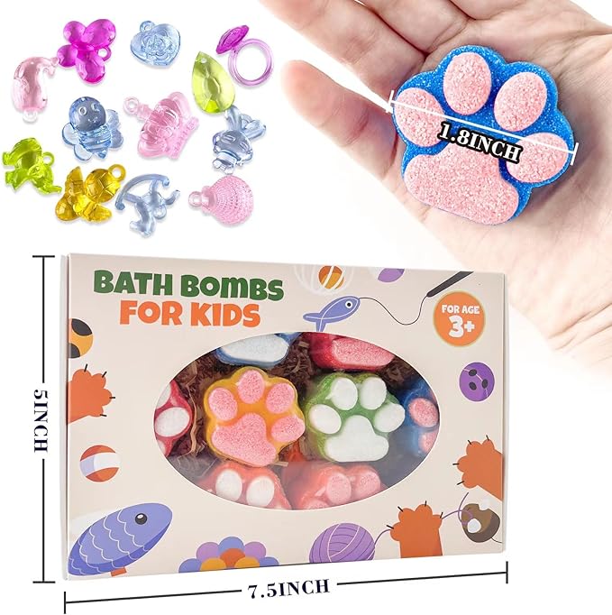 Paw Bath Bomb for Kids with Surprise Toys Inside, 12 Pcs Colorful Handmade Natural Bath Ball with Sparkling Crystal Toys, SPA Fizzy Bath Bomb Gift Set for Girl Boy at Christmas, Birthday