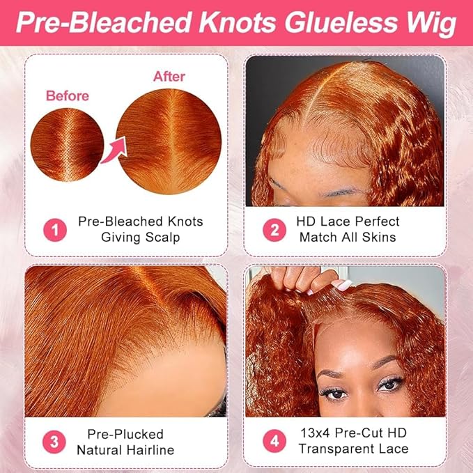 Azkiu Bye Bye KnotsGlueless Ginger Orange Wigs Human Hair Pre Plucked Pre Cut 13x4 HD Lace Closure Wigs Human Hair Deep Wave Lace Front Wigs Human Hair16inch