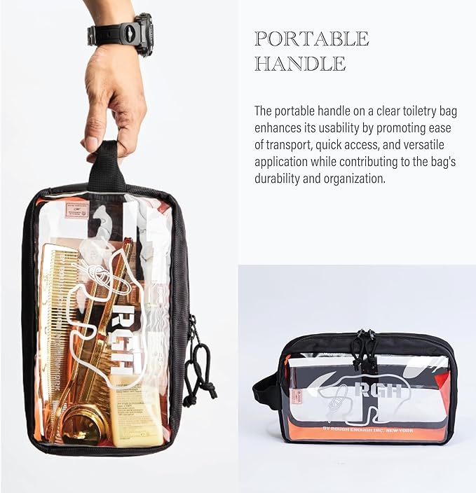 Rough Enough Clear Toiletry Bag for Traveling Transparent Cosmetic Makeup Organizer Pouch with Handle Skincare Essentials Case for Women Men Black