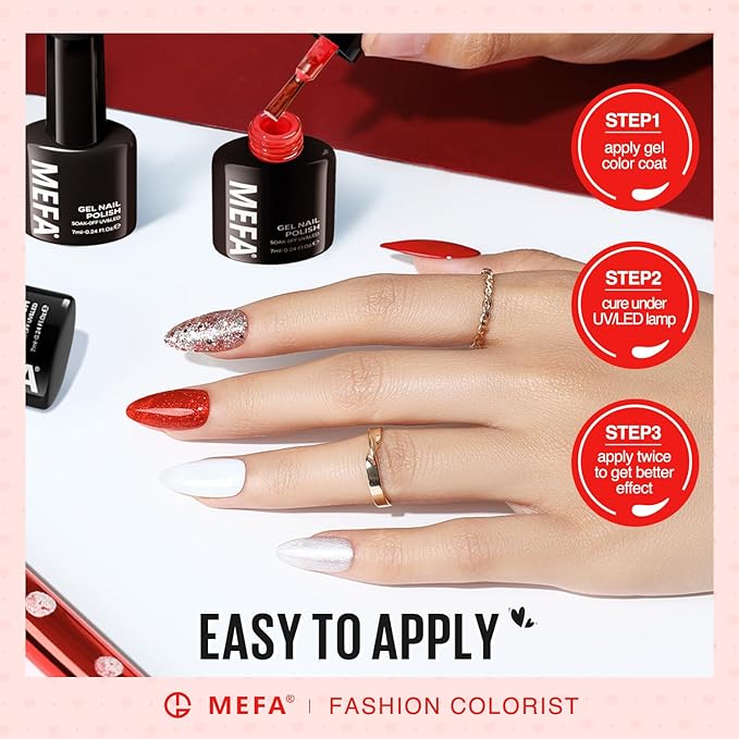 MEFA 6 Colors Red Gel Nail Polish Set, Glitter Shades Sparkle Silver Champagne Love Times Tones Salon Decorations Nail Art Design at Home Manicure DIY Kit Gifts for Women Girl