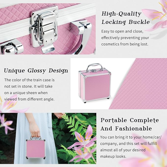 Color Nymph Beginner Makeup Kit For Teens With The Small Cosmetic Train Case Included 24-Colors Eyeshadow Palette Blushes Bronzer Highlighter Lipstick Brushes Mirror(Pink)