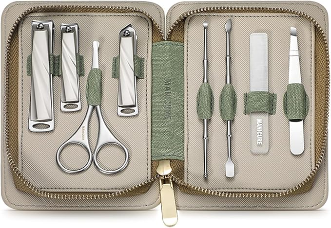 8-Piece Manicure & Pedicure Set - Stainless Steel Nail Clippers, Toenail & Fingernail Cutters with Travel Case, Complete Grooming Kit (Green)