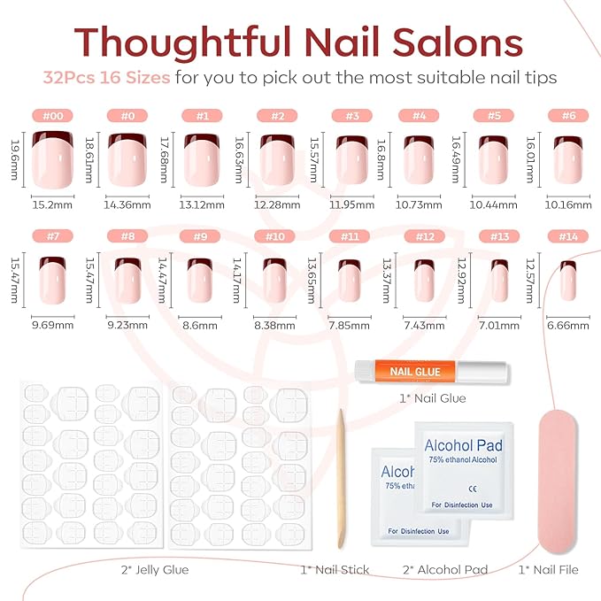 Modelones Press on Nails, Red Chrome French Short Square Fake Nails, Spring Easter Reusable Nail Kit with Nail Glue Adhesive Tabs Mini Nail File, Nails Press Ons 32Pcs16 Sizes, Women Girl Gift