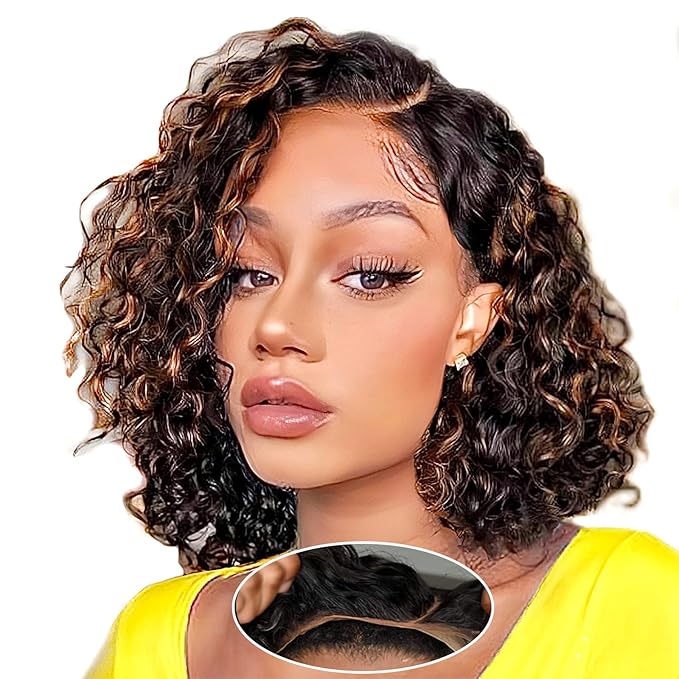 5×5 Closure Bob Wig Human Hair Glueless Wigs Human Hair Pre Plucked Pre Cut Short Curly Human Hair Wig Water Wave C Part Balayage Ombre Lace Frontal Human Hair Wigs for Black Women P1B/30 12 Inch