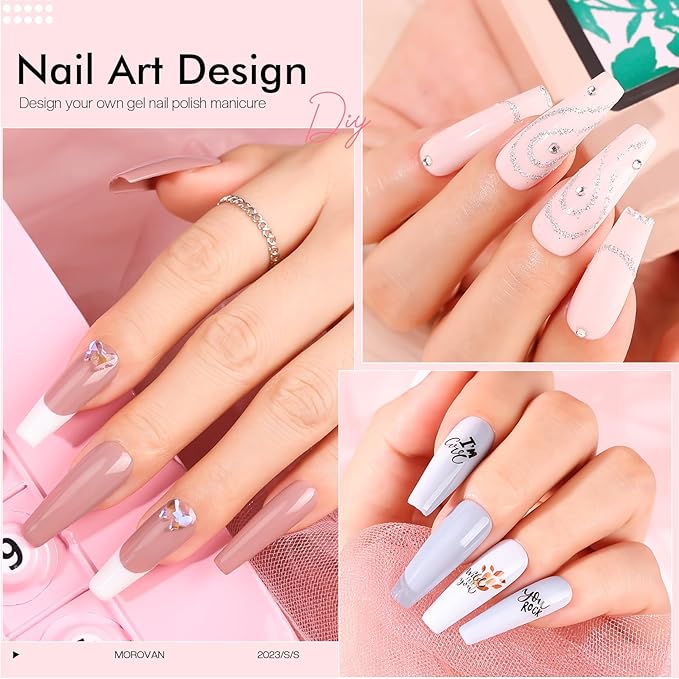 Morovan Gel Nail Polish Kit: 28 Colors With UV/LED Light, Macaron Nude Pink Polish, Nail Art Decorations, Manicure Tools, DIY Salon Home Gifts Tape