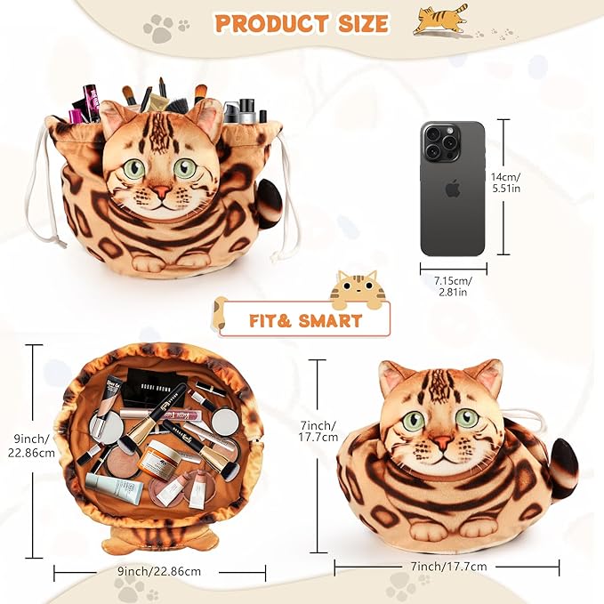 Openhaha Drawstring Travel Organizer, Cosmetic Pouch - Cat Gift, Lay Flat Makeup Bag Gifts for Cat Lovers