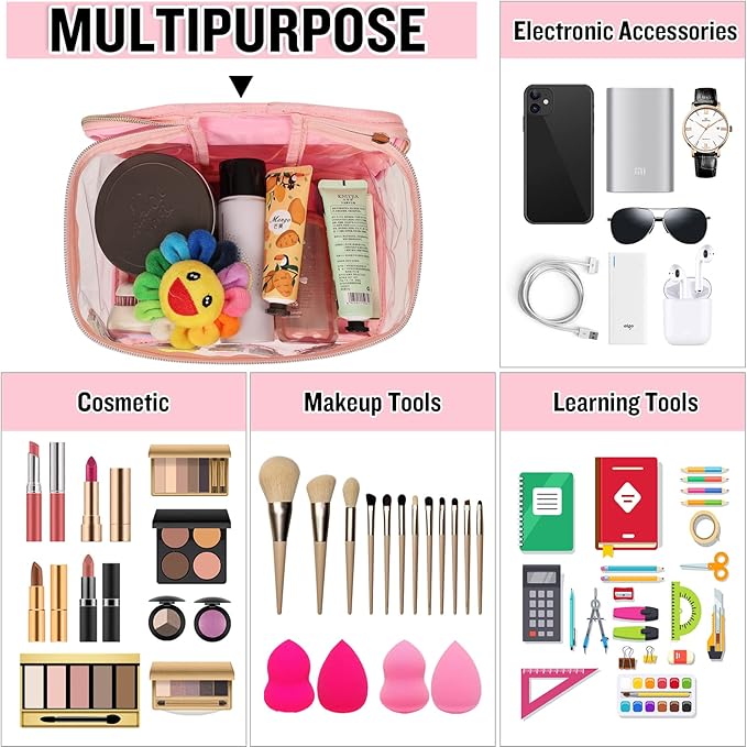 Chenille Letter Clear Makeup Bags Stuff Pouch, Preppy Patch Makeup Bag Zipper with Handle, Transparent PVC & Nylon Waterproof Glitter Cosmetic Handbag Travel Toiletry Storage for Women (STUFF-Pink)