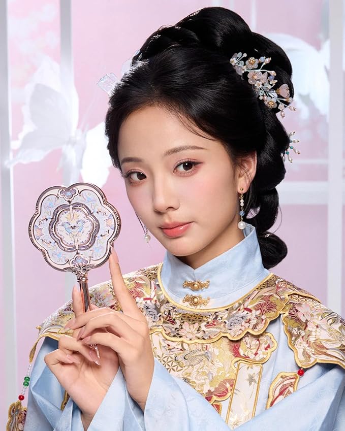 Flower Knows Butterfly Cloud Collar Hand Mirror,Portable Vintage Handheld Mirror,Durable Metal Mirror,Cute & Aesthetic Princess Mirror,with Long Handle for Easy Holding,Gift for Girls(Floral Cyan)