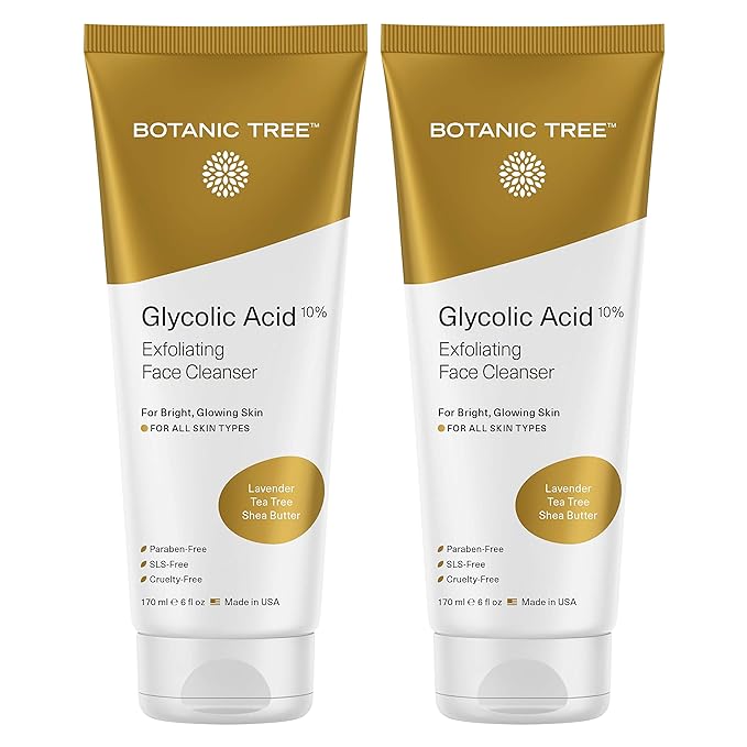 Botanic Tree Glycolic Acid Face Wash, Exfoliating Facial Cleanser For Facial Skin Care, Acne Treatment Face Scrub, 10% Glycolic and Salicylic Acid 6 fl. oz (2 pack)