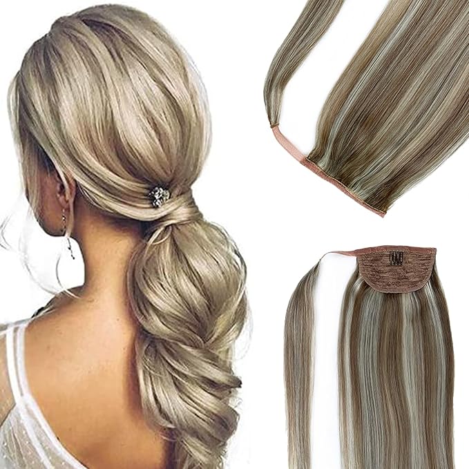 Ponytail Extension Human Hair Blonde Highlights Ponytail Pony Hair Pieces Clip in Wrap Around Pony Remy Hair Extensions for Women 20 Inch 80G #8P60