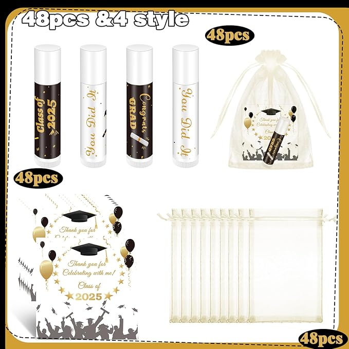 48 Set Graduation Lip Balms Gifts Bulk Graduation Party Favors Thanks Gift for Student Classmate Bulk Class of 2025 Congrats Grad You Did It Lip Balm with Organza Bags and Tags for Women Men