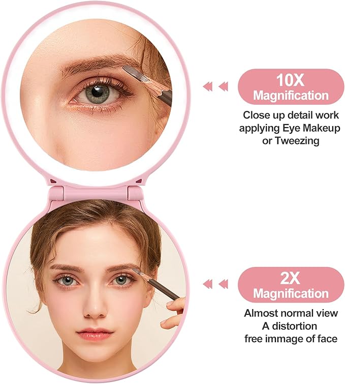 Shell Travel Mirror with Lights and 10x / 2X Magnification, Mini Makeup Mirror LED Lighted, Dimmable, Rechargeable Compact Mirror for Pocket, Patented Design Gifts for Mom/Daughter (Pink Electric)