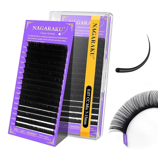NAGARAKU Eyelash Extensions Individual Lashes Extensions Classic Lash Matte Black 16 Rows Soft Natural Matte Black Professional Beauty Salon Lash Supplies -0.07CC 7-15mm Mix