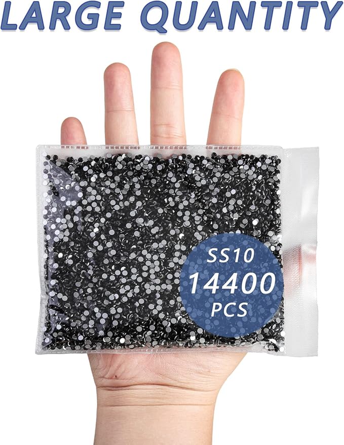Beadsland Flatback Rhinestones Bulk,14400pcs Black Rhinestones for Nails Crafts Clothes DIY Decoration, Jet Black, SS10, 2.7-2.9mm