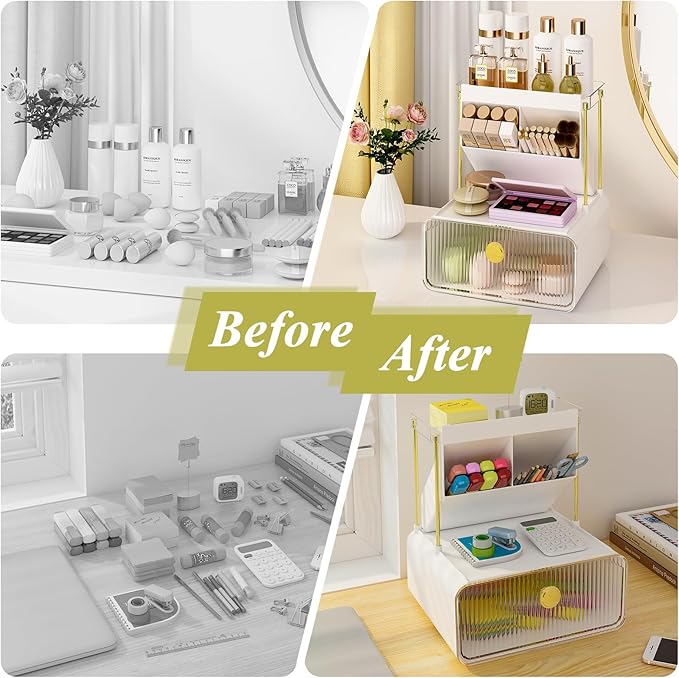 Makeup Organizer with Storage Drawer,Cosmetic Display with Lipsticks Brush Holder Perfume Tray,Organize Cosmetics and Beauty Supplies for Vanity,Dresser,Bathroom,Desktop Organizer,Clear