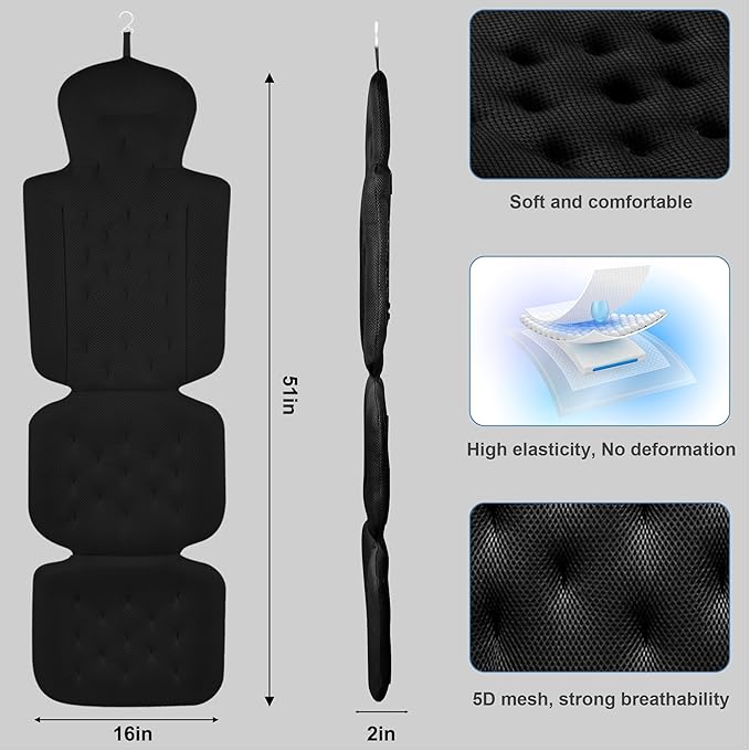 Luxury Full Body Bath Pillow for Bathtub, Bath Pillows for Tub with Mesh Laundry Bag & Non-Slip Suction Cups, Cushion for Bathtub Headrest Neck Back Support - 5D Air Mesh & Quick Drying | Black