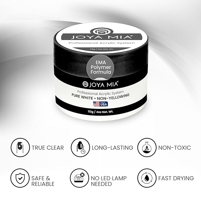 Joya Mia Acrylic Powder for Nails, MMA-Free, Super Adhesion Professional Powder for Flawless & Long-Lasting Nail Enhancements, Easy Application, Vibrant & Stunning Colors - Pure White, 4 oz