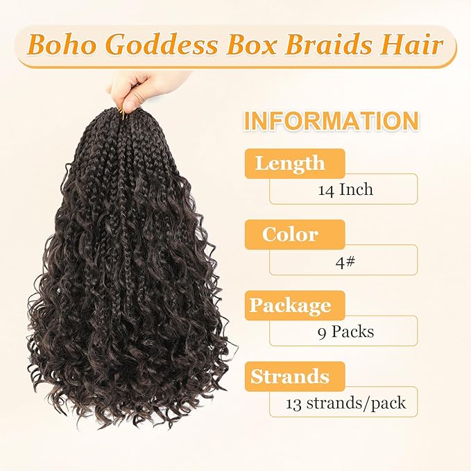14 Inch Goddess Box Braids Crochet Hair Curly Ends 9 Packs Pre Looped Boho Crochet Box Braids Bohemian Box Braid Crochet Hair For Black Women (14Inch 9Packs,4)