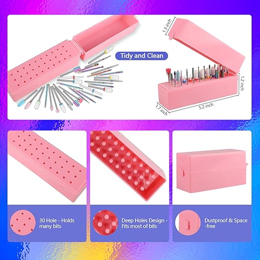 30Pcs Nail Drill Bits Set with 30 Holes Pink Holder, 3/32 Inch Tungsten Carbide Ceramic Quartz Pointed Cuticle Puntas para Drill Nails for Acrylic Gel Nail Manicure, Home Salon