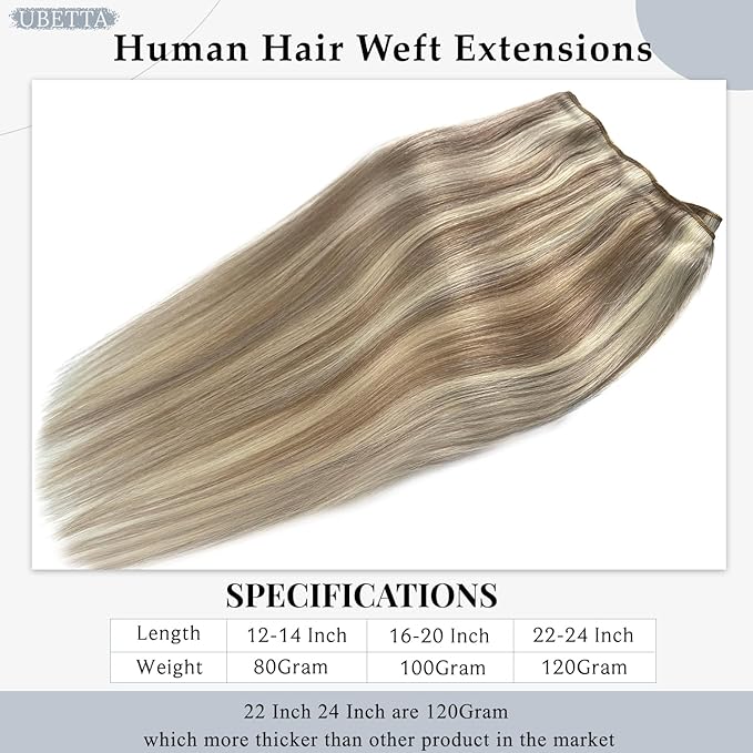 Brown Balayage Blonde Human Hair Extensions - 16 Inch Hand Tied Weft Sew in Weave Bundles - 100G Real Hair