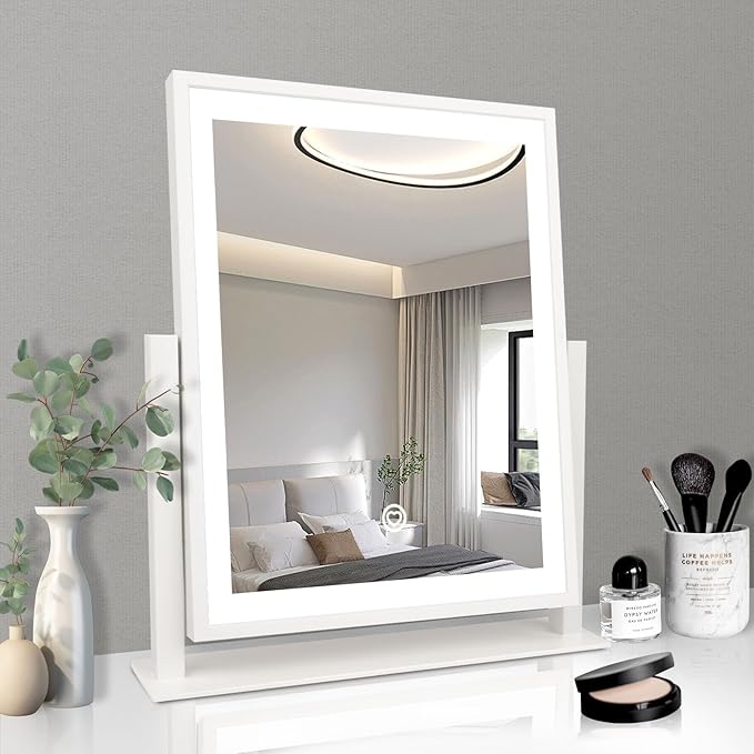 Beelux Classic 16 in Lighted Vanity Mirror Led Makeup Mirror with Light White Tabletop Mount Home Mirror with Dimmable LED Lights Thanksgiving Wedding Birthday Present Touch Control 360 Rotation