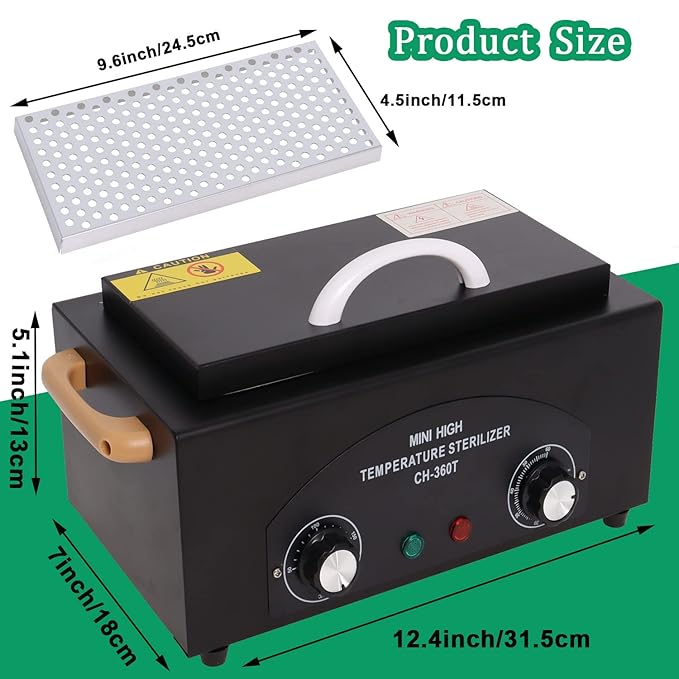 Sterilizer for Nail Tools High Temperature Metal Cleaning 2L Tattoo Equipment High Temp for Spa Salon Barber Shops Salon Hairdressing Tool Earrings Dry Heat Multi-functional with Timer Manicure Black